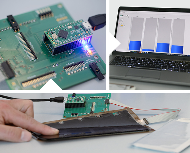 Sensor array and extended CMS circuit for measuring and evaluating the sensor signals. The sensor array measures the deformation of the battery during cycling. © K. Selsam, Fraunhofer ISC